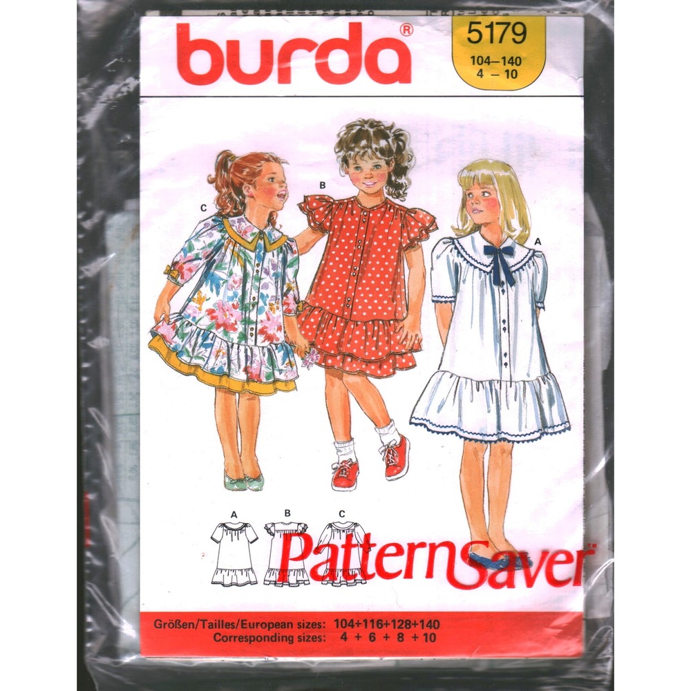 Burda‎ 5179 Girls Dress Sewing Pattern Sizes 4 6 8 10 Drop Waist Ruffle Vintage